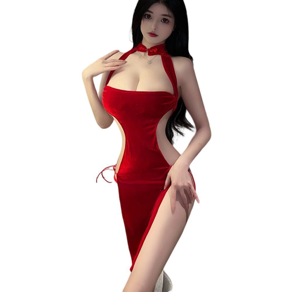 5965 Chinese Cheongsam Cosplay Sexy Nightdress Anime Lingerie Pajamas Red